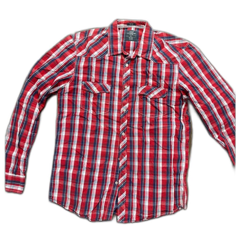 Men's L.O.G.G 100% Cotton Red, Blue & White Plaid Fitted Button Front Shirt L